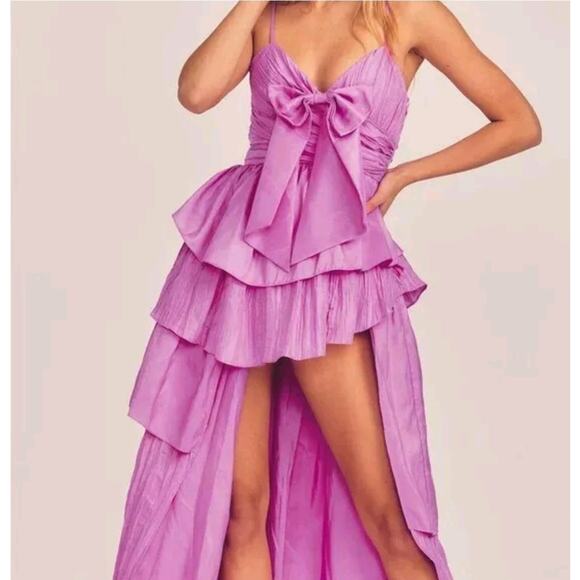 $795 LoveShackFancy Pink Raylene Tiered Pleated Bow High Low Maxi Dress 6 - Picture 10 of 16